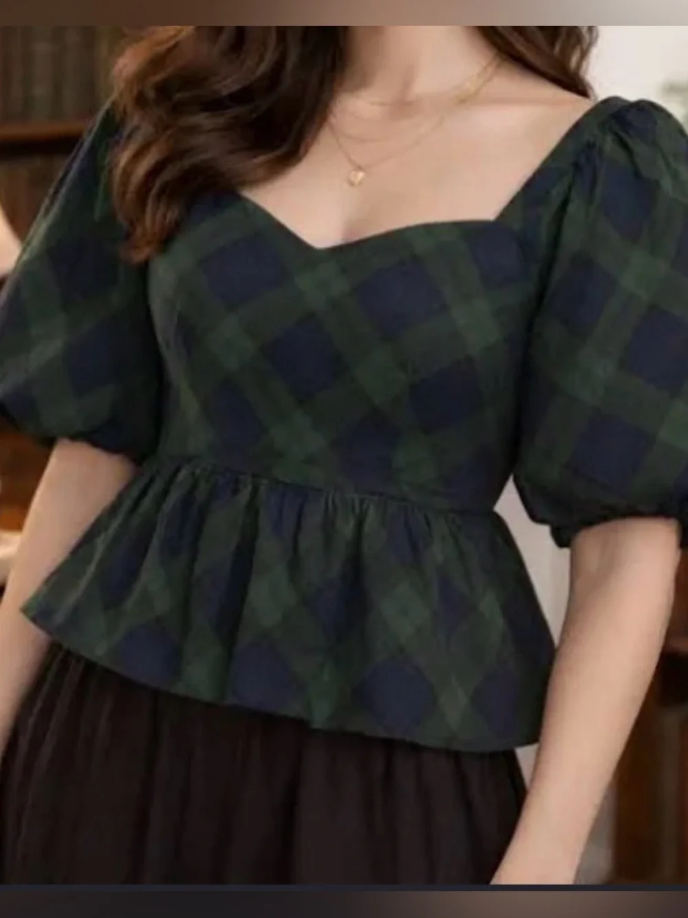 2 Old Navy Puff Sleeve Peplum Tops- Red and green blue checkered.